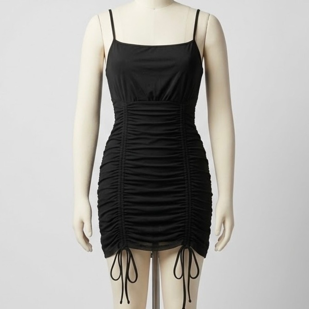 Liz & Sara Black Ruched Mesh Bodycon Mini Dress Small Spaghetti Strap, party